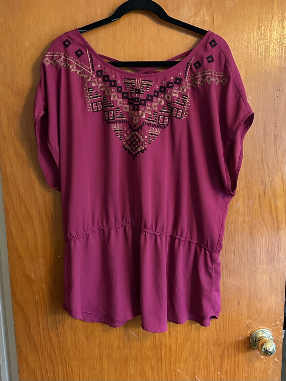 Maurices Raspberry Pink Embroidered Scoop Neck Blouse